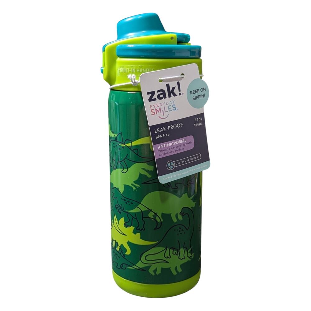 Zak Designs 14oz Dino Camo Kids Stainless Steel Water Bottle Green Dinosaur NWT